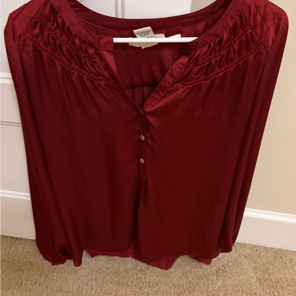 Max Studio Burgundy Button-Front Peasant Blouse